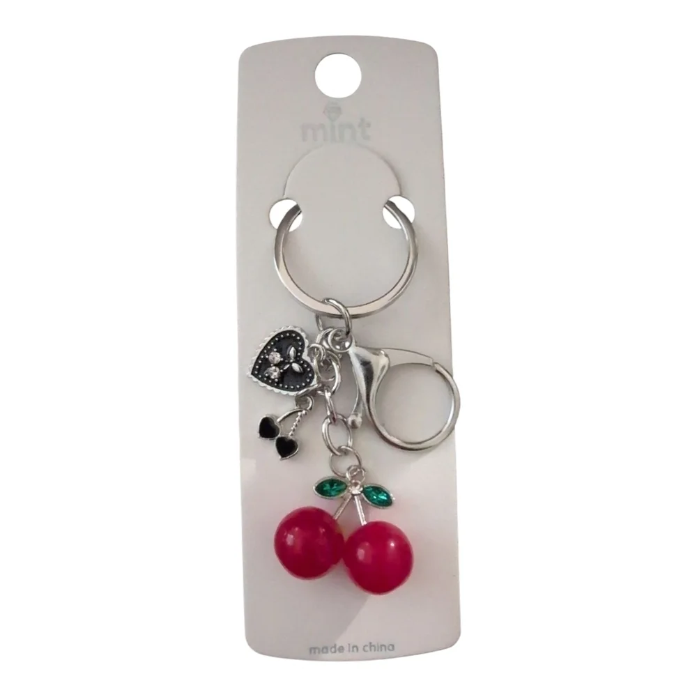 Mint Red Cherry Keychain/ Bag Charm In Gold Or Silver 1pc